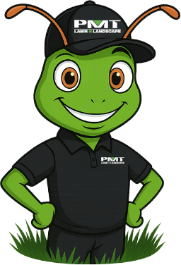 PMT Lawn & Landscape mascot, a friendly green insect in a black uniform and cap, smiling with hands on hips, symbolizing lawn care services.