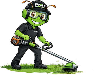 PMT Lawn & Landscape mascot character using a string trimmer for lawn care, representing professional landscaping services in Greenwood, Indiana.
