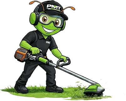 Hopper, the PMT Lawn & Landscape mascot, trimming grass