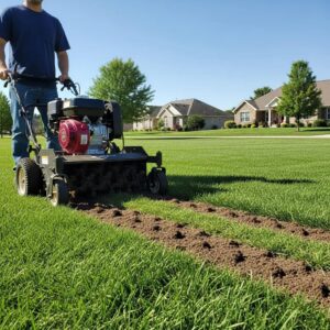 Man operating a lawn aerator on a lush green lawn under a clear blue sky, showcasing the aeration process essential for lawn health and maintenance.