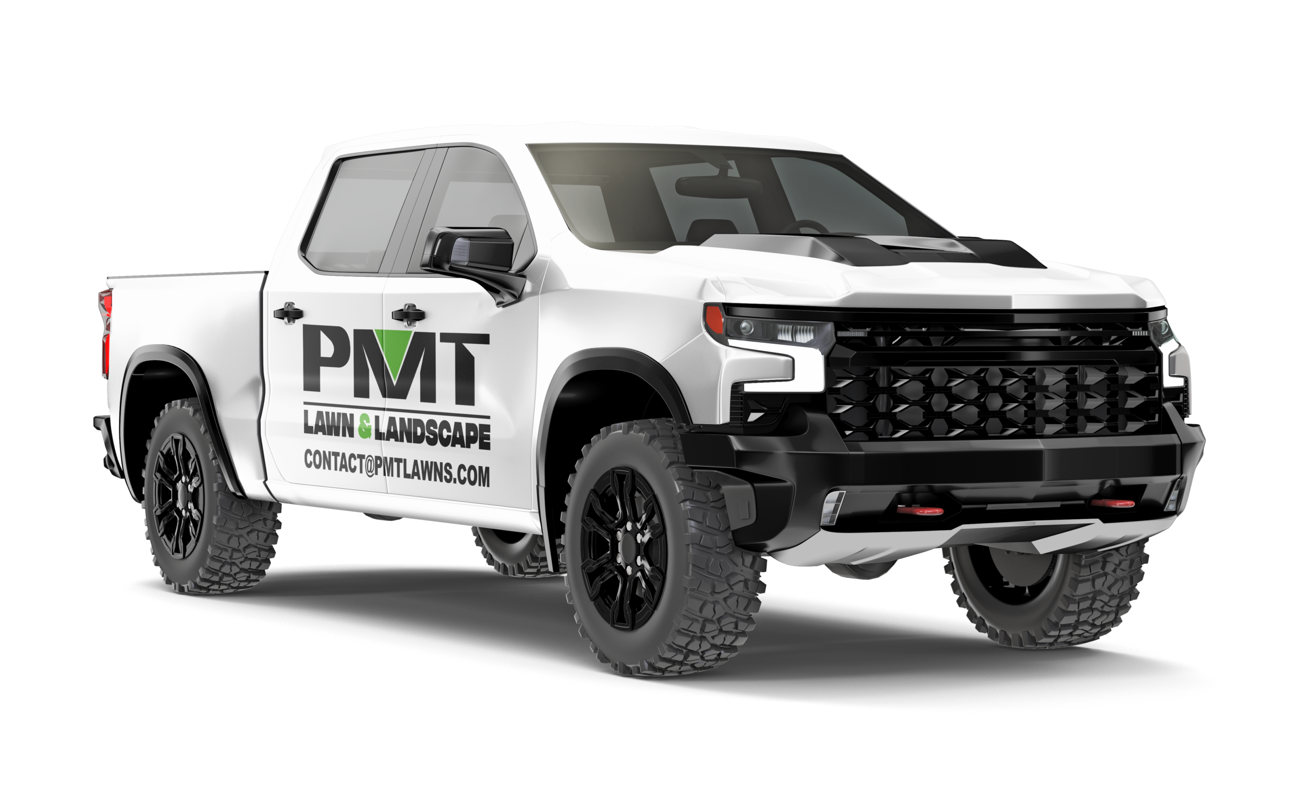 PMT Lawn & Landscape branded truck showcasing professional lawn care services, emphasizing quality and reliability in lawn maintenance.