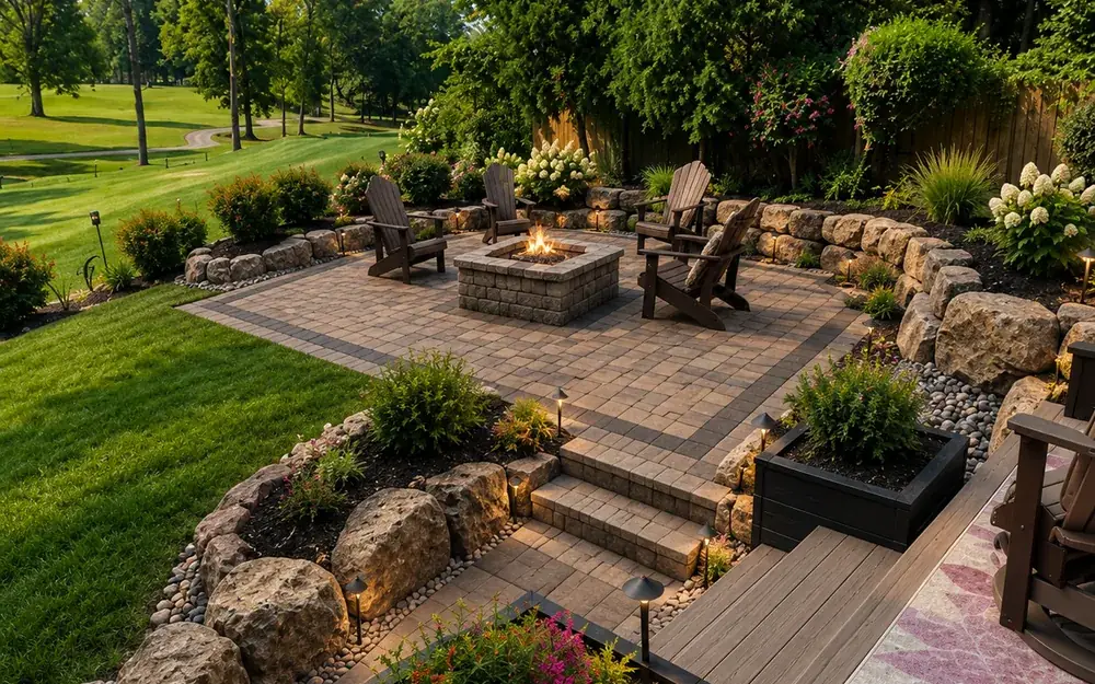 Paver patio with a stone fire pit, seat walls and landscape lighting