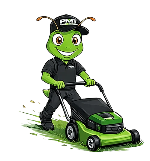Hopper, the PMT Lawn & Landscape mascot, mowing a lawn