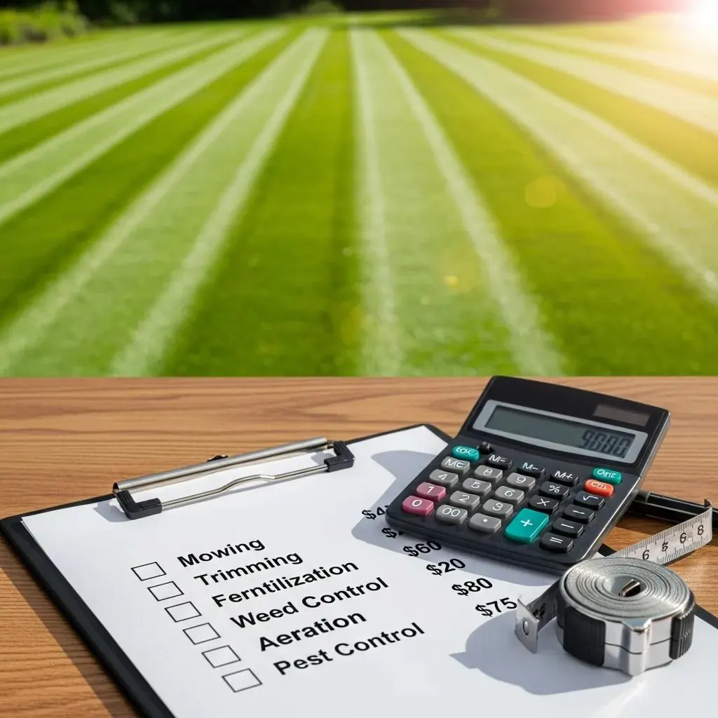 Clipboard with lawn care service costs and a calculator, highlighting cost insights Clipboard with lawn care service costs and a calculator, highlighting cost insights