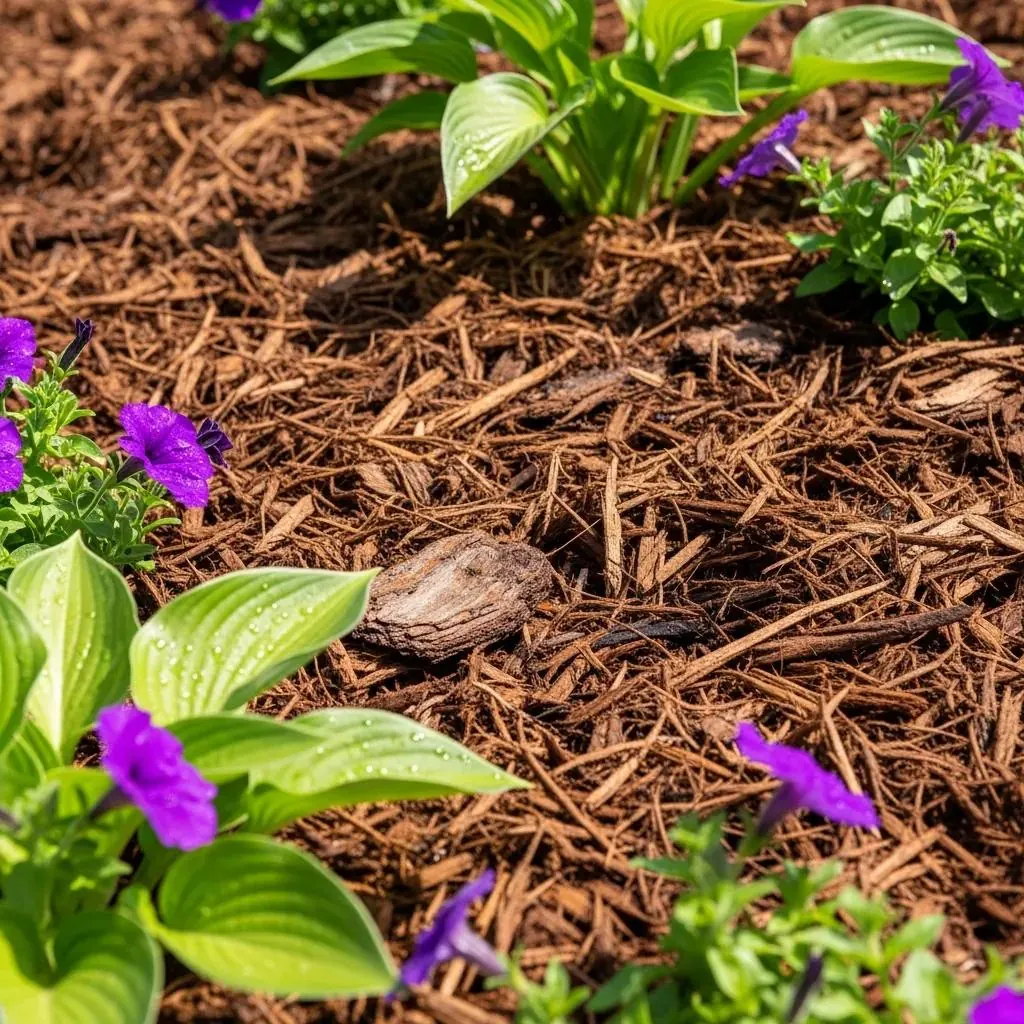 Close-up of fresh mulch in a landscape bed promoting plant health and moisture retention Close-up of fresh mulch in a landscape bed promoting plant health and moisture retention