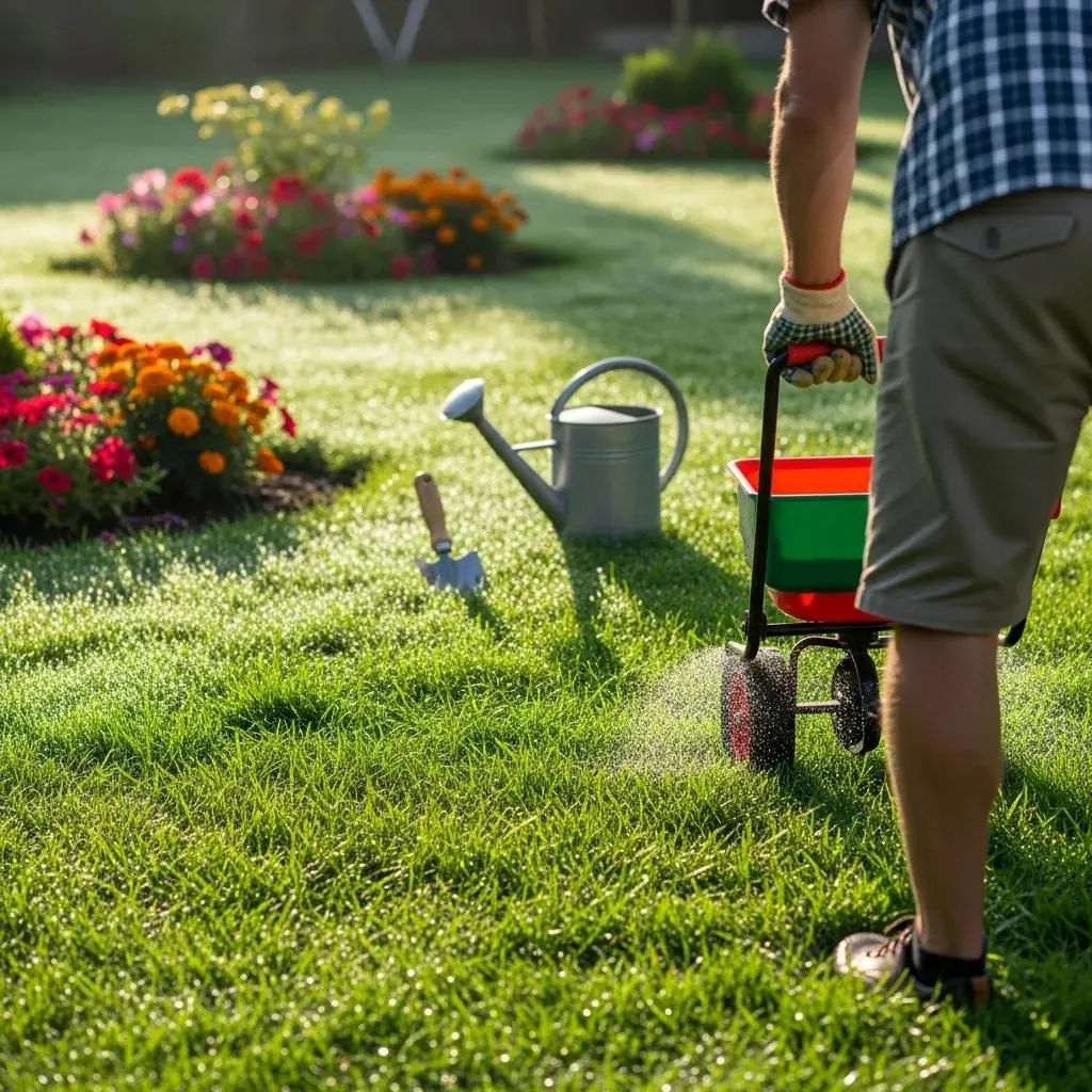 Gardener applying fertilizer to a healthy lawn, showcasing maintenance strategies Gardener applying fertilizer to a healthy lawn, showcasing maintenance strategies