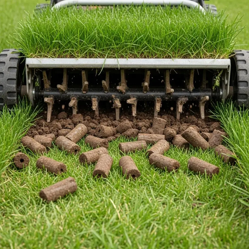 Lawn aerator perforating soil, enhancing seed-to-soil contact for overseeding Lawn aerator perforating soil, enhancing seed-to-soil contact for overseeding