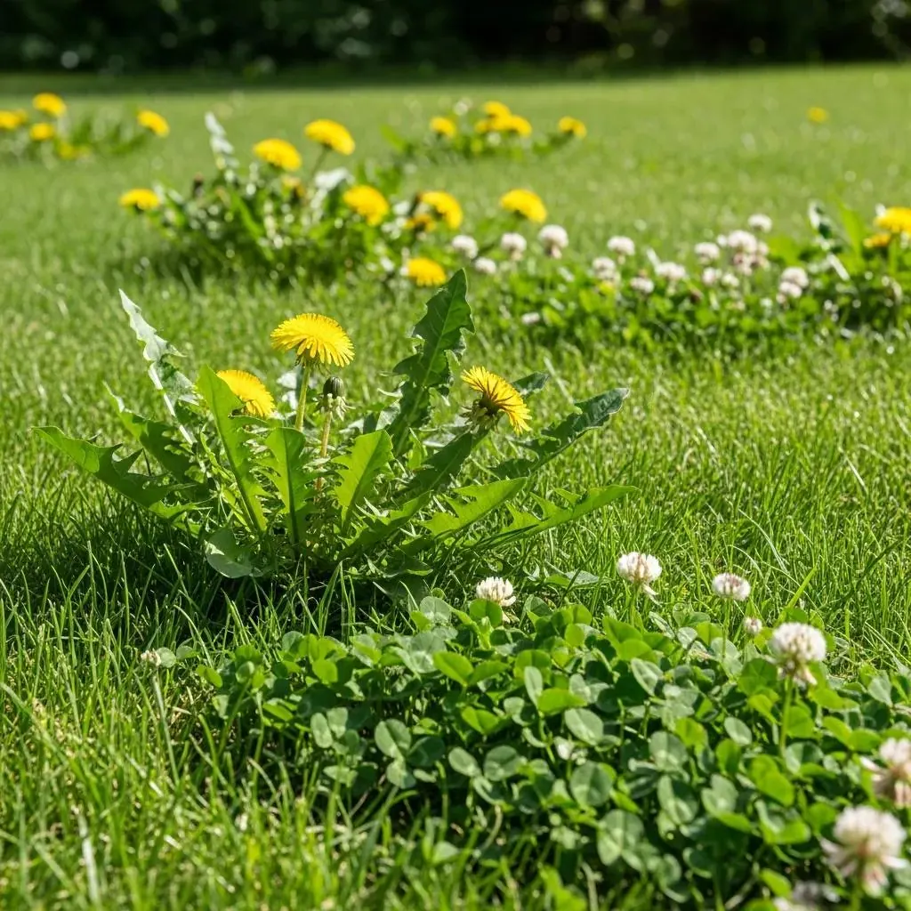 Lush lawn with broadleaf weeds like dandelions and clover, highlighting the importance of effective lawn care