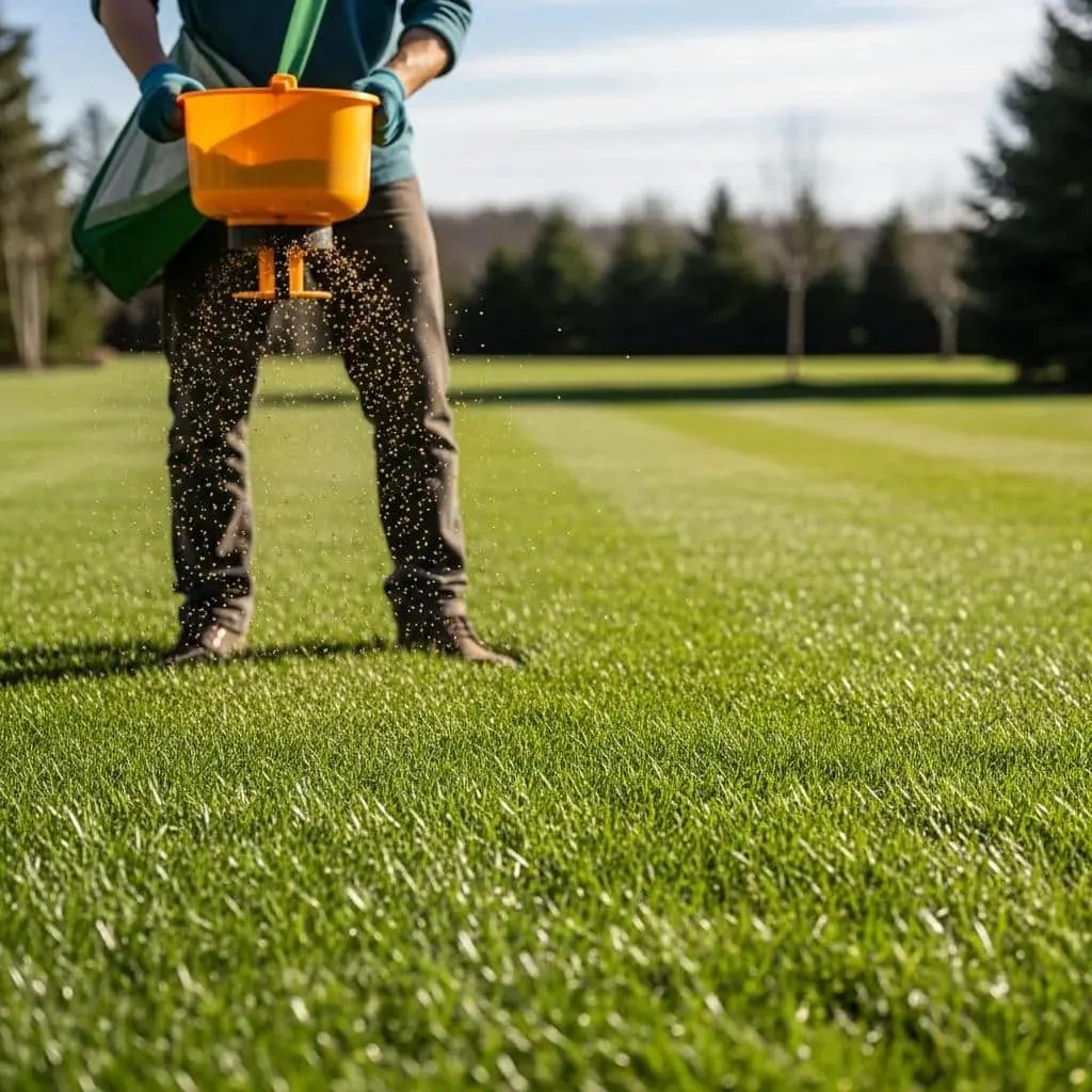 Person overseeding a healthy lawn with grass seed being spread
