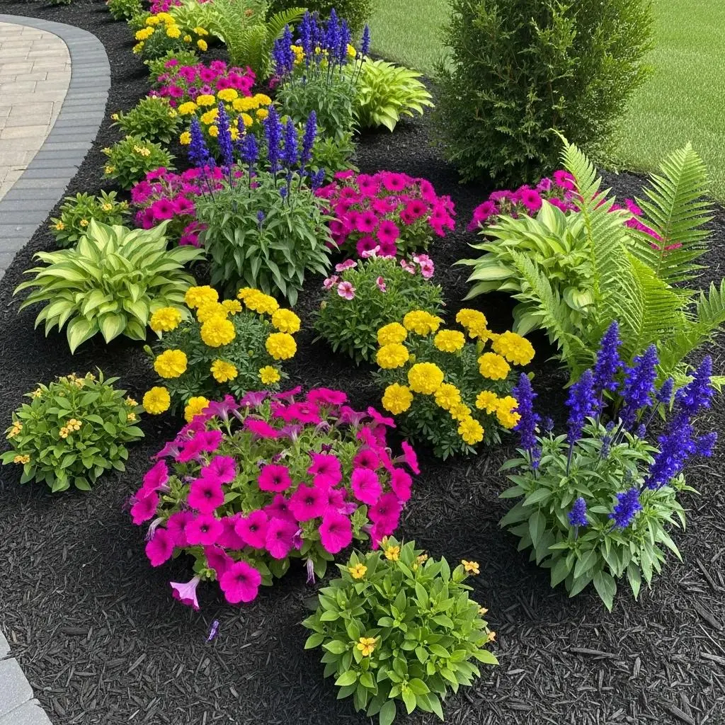 Vibrant landscape bed with colorful flowers and healthy plants showcasing professional maintenance Vibrant landscape bed with colorful flowers and healthy plants showcasing professional maintenance