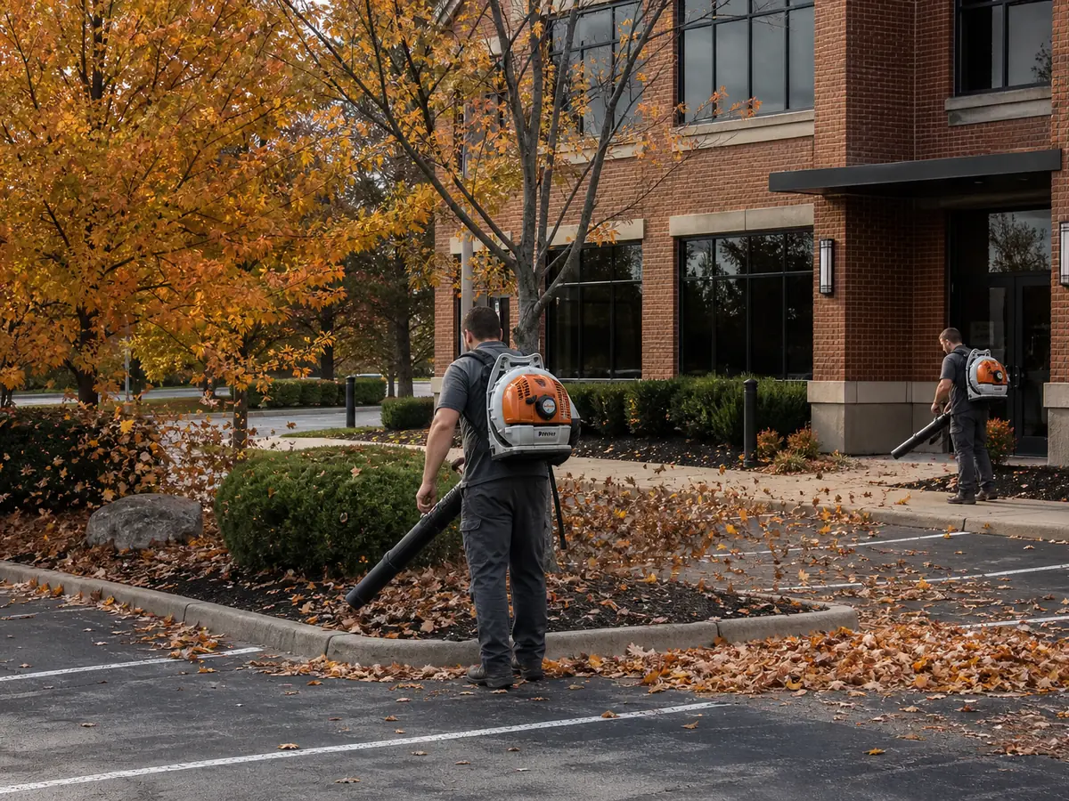 PMT Lawn & Landscape crew blowing fall leaves from the lawn and beds at a commercial office building in Indianapolis, IN
