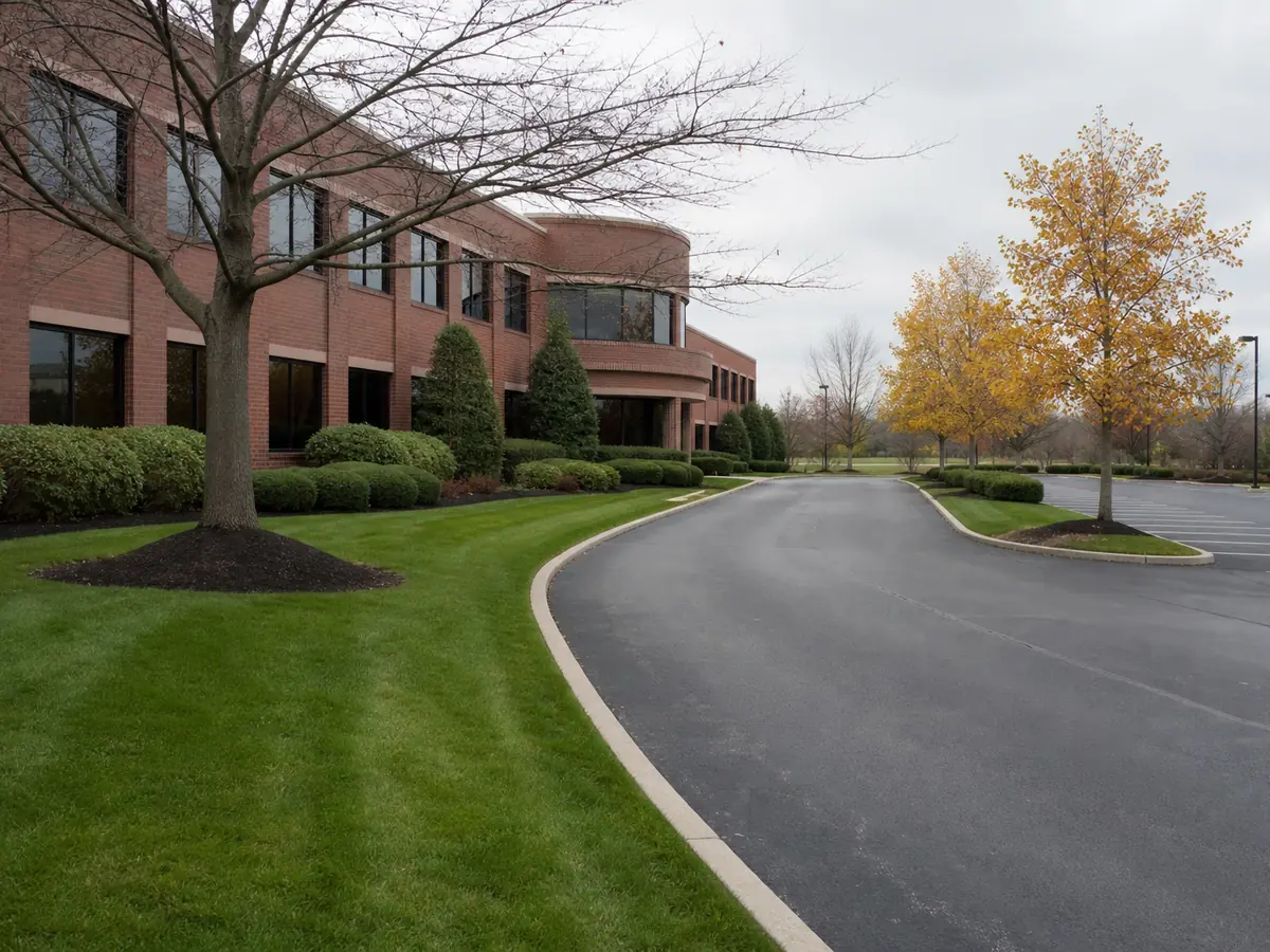 Cleared, leaf-free lawn and beds at a commercial property entrance in Indianapolis, IN after fall leaf removal