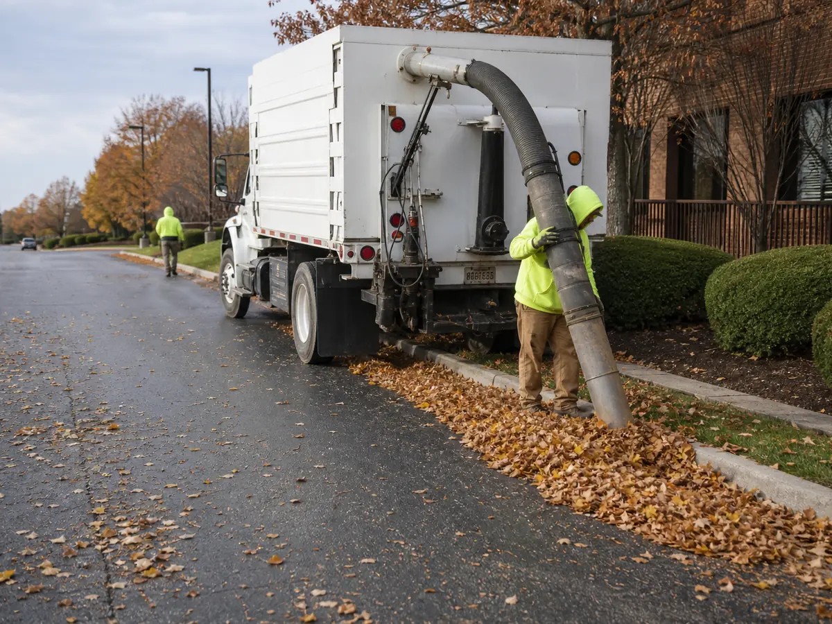 Truck-mounted leaf vacuum collecting fall leaves along the curb at a commercial property near Indianapolis, IN