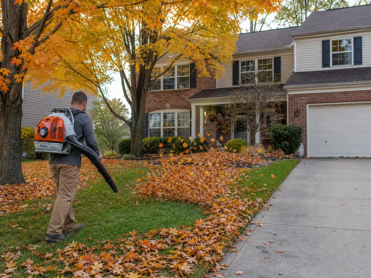 PMT Lawn & Landscape crew member blowing fall leaves off a residential lawn in Indianapolis, IN