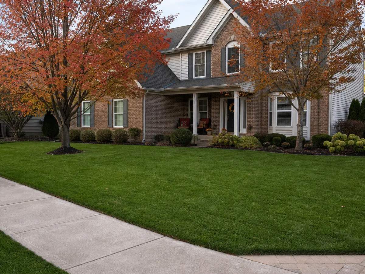 Leaf-free residential lawn after a fall leaf removal visit in Indianapolis, IN