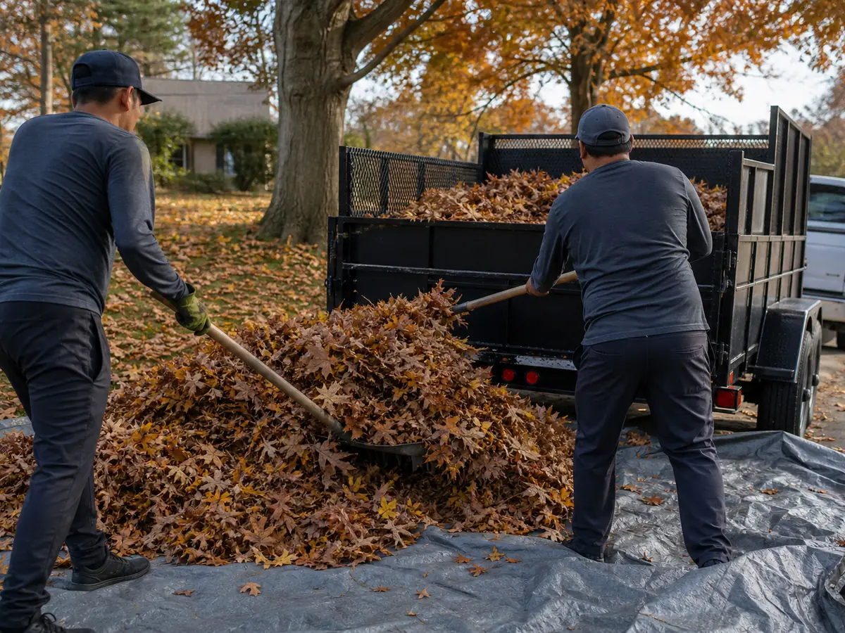 Crew loading raked fall leaves onto a landscape trailer at a home near Indianapolis, IN