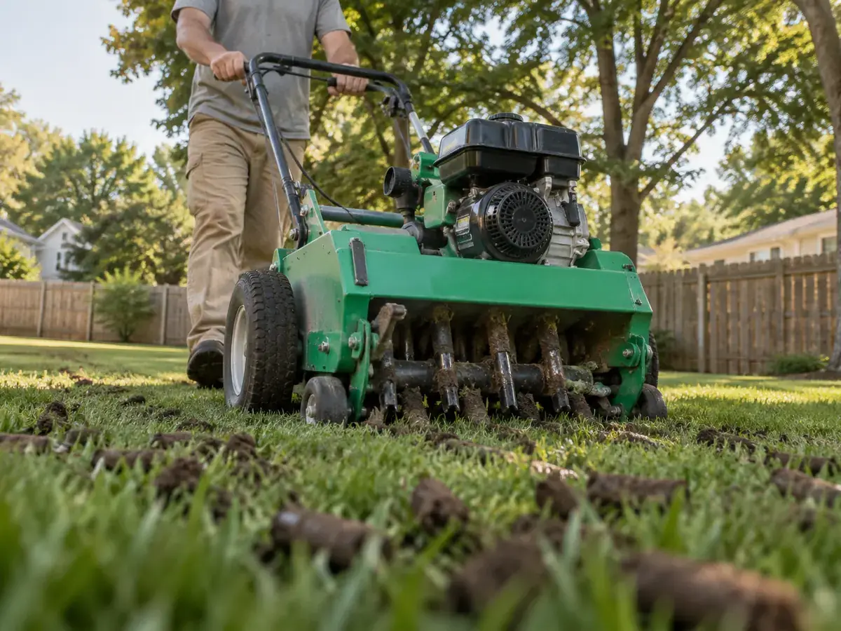 Low angle of a walk-behind core aerator pulling soil plugs from a residential lawn near Indianapolis, IN