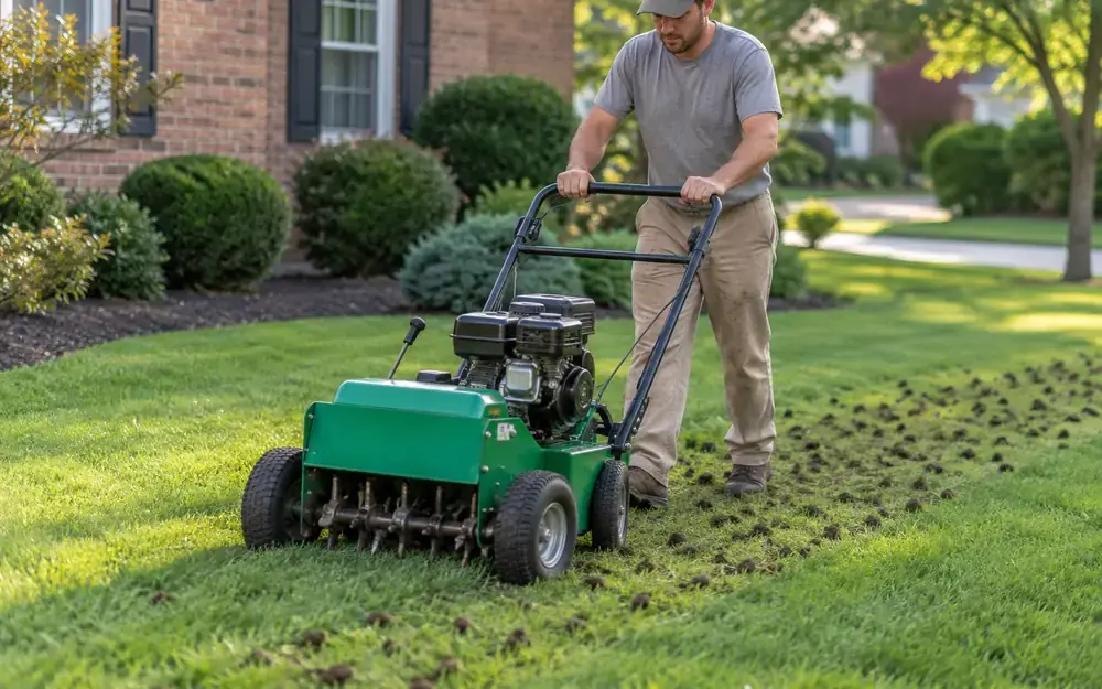 Walk-behind core aerator pulling soil plugs on a residential lawn