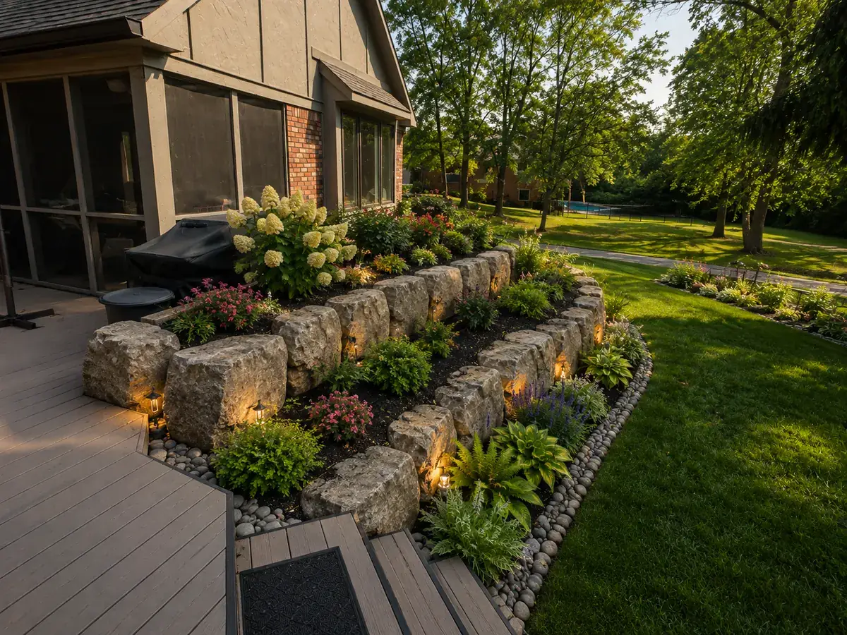 Terraced boulder retaining wall with landscape lighting and planting beds beside a backyard deck by PMT Lawn & Landscape