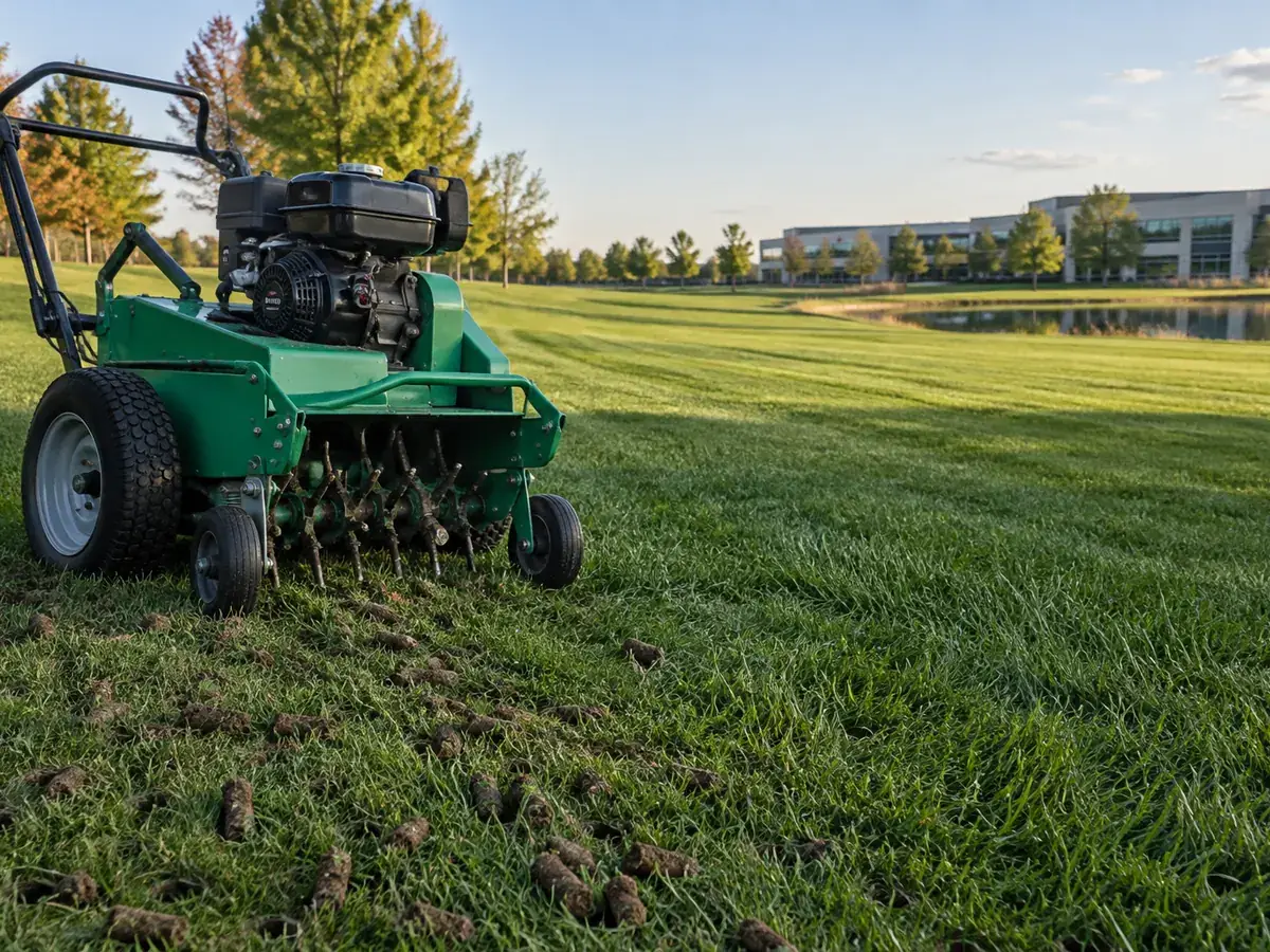 Freshly aerated, dense corporate campus lawn with soil cores near Indianapolis, IN