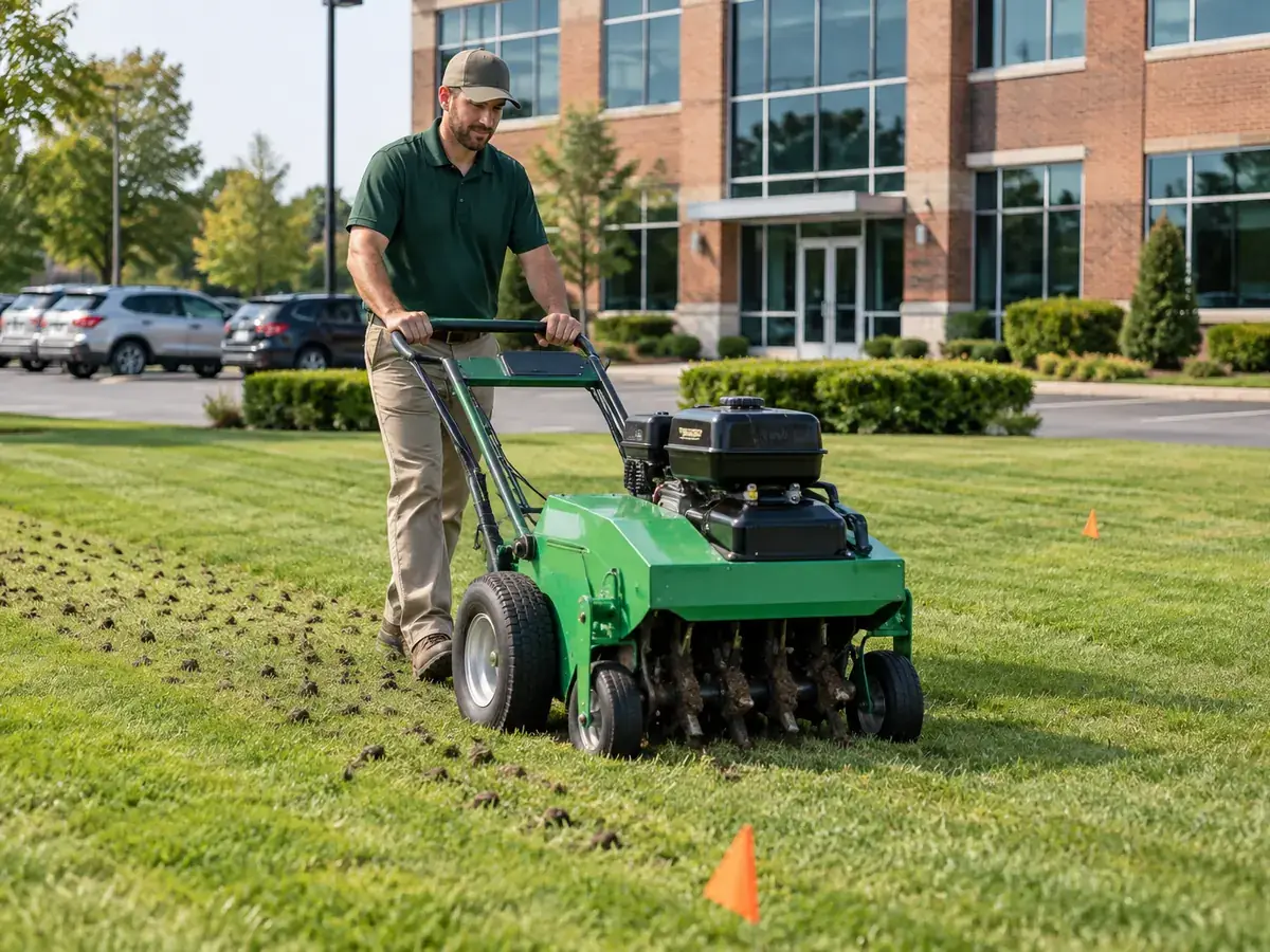 Crew member running a walk-behind core aerator past marked irrigation heads on an office lawn in Indianapolis, IN