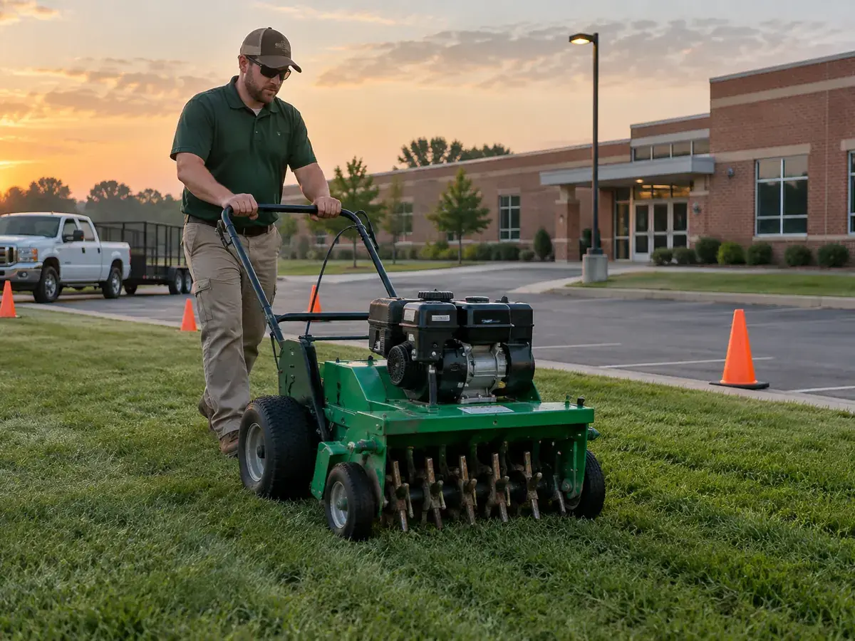 Core aeration scheduled after hours beside an empty school parking lot in Indianapolis, IN