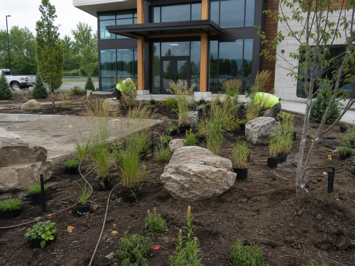 Crew installing a planned commercial landscape design with boulders and ornamental grasses in Indianapolis, IN