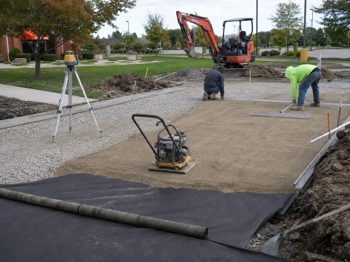 Compacted stone base and screeded bedding sand prepared before pavers on an Indianapolis, IN commercial site