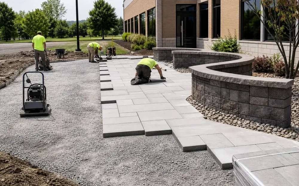 Crew installing a paver walkway and seating wall at a commercial property in Indianapolis, IN