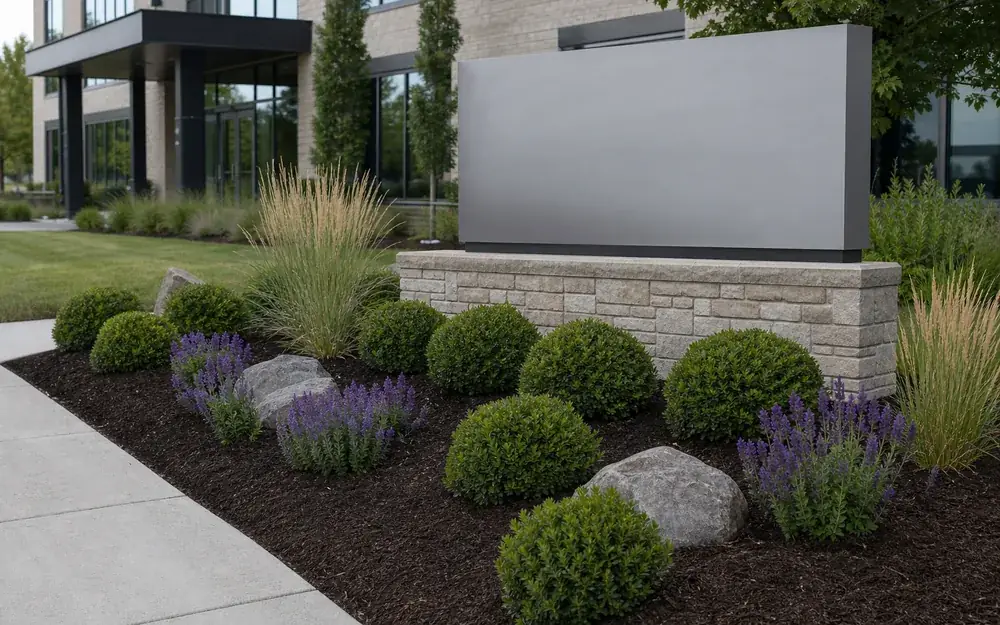 New commercial landscape design and plantings at an office building entrance in Indianapolis, IN