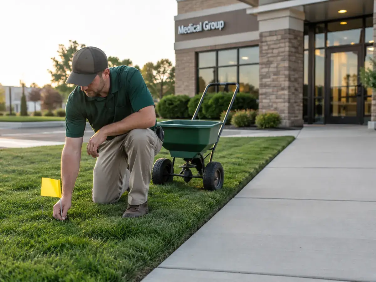 Licensed applicator posting a treatment notice flag before business hours at a medical office in Indianapolis, IN