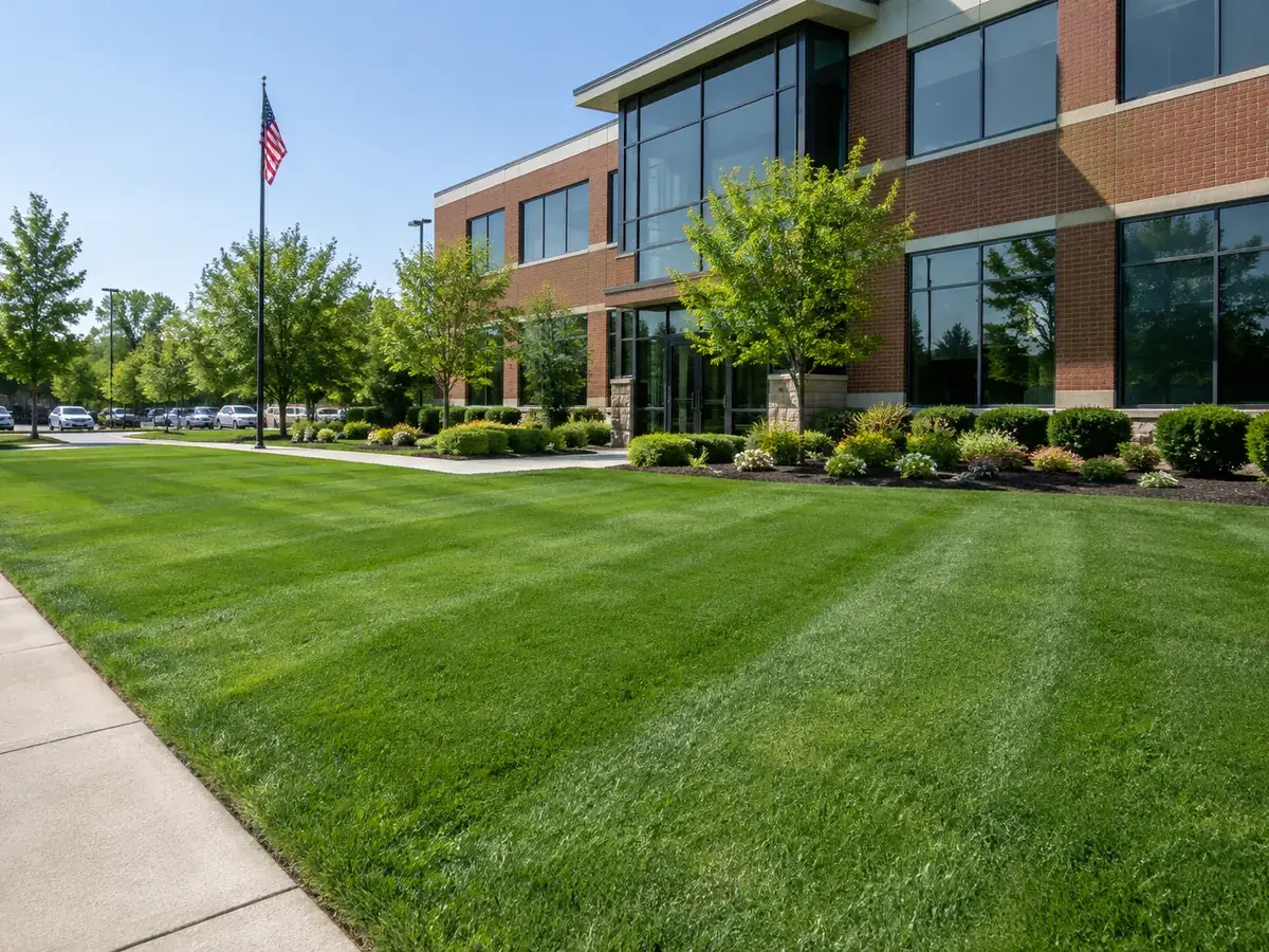 Dense, striped commercial lawn under a turf treatment program at an Indianapolis, IN office property