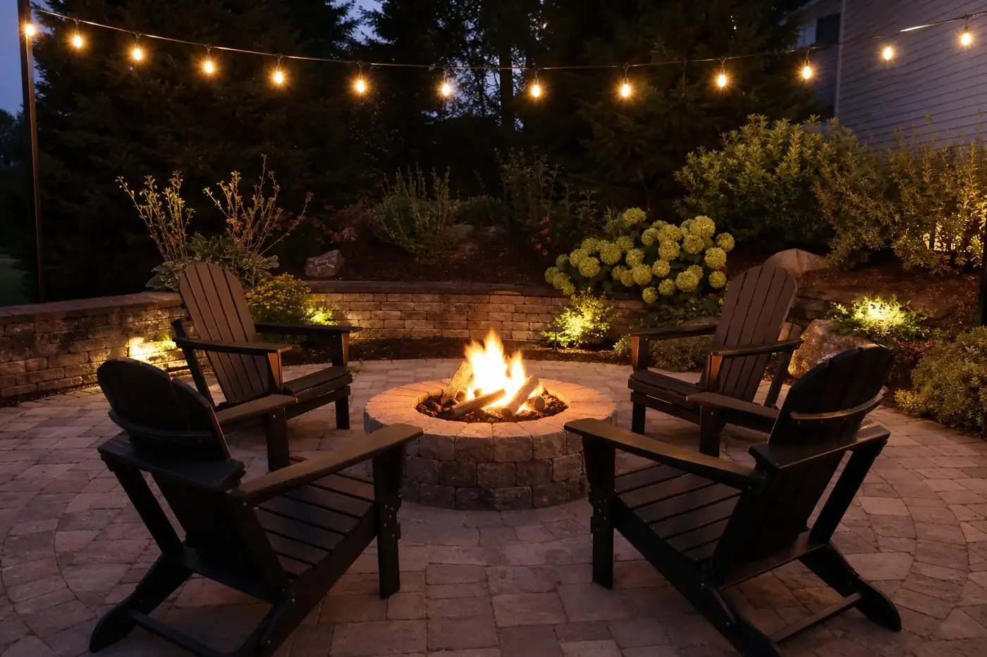 Built-in stone fire pit with seating on a paver patio in Indianapolis, IN
