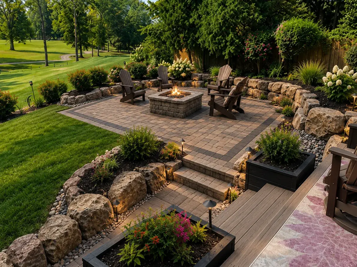 Paver patio with a stone fire pit and landscape lighting installed by PMT Lawn & Landscape in Indianapolis, IN