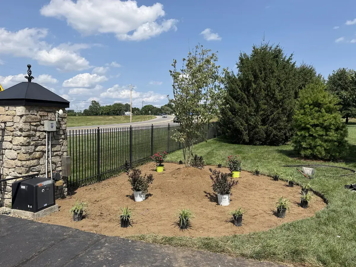 New landscape bed installation with shrubs and ornamental grasses at a fenced entrance in Indianapolis, IN