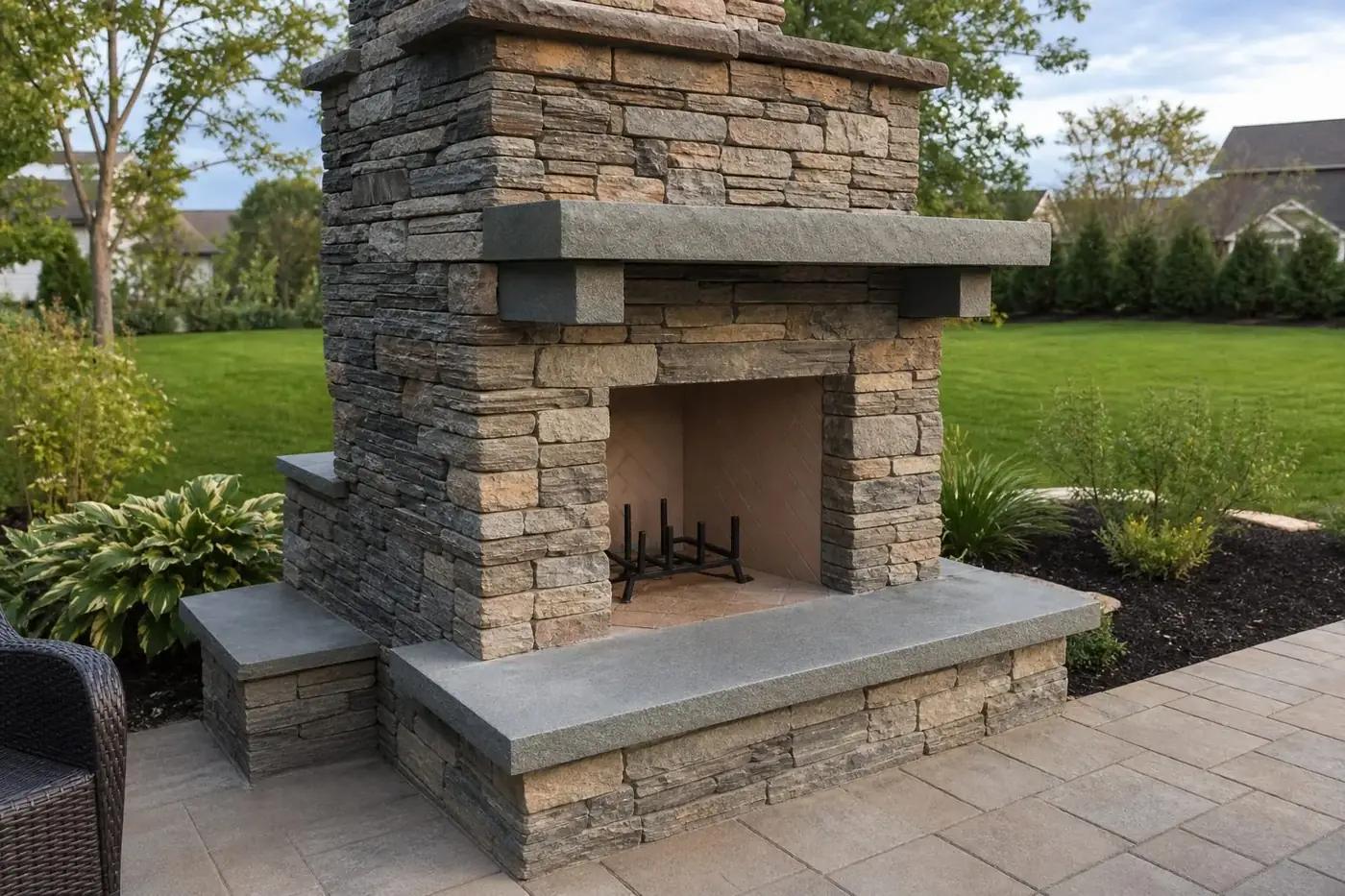 Stone masonry detail on a custom outdoor fireplace in Indianapolis, IN