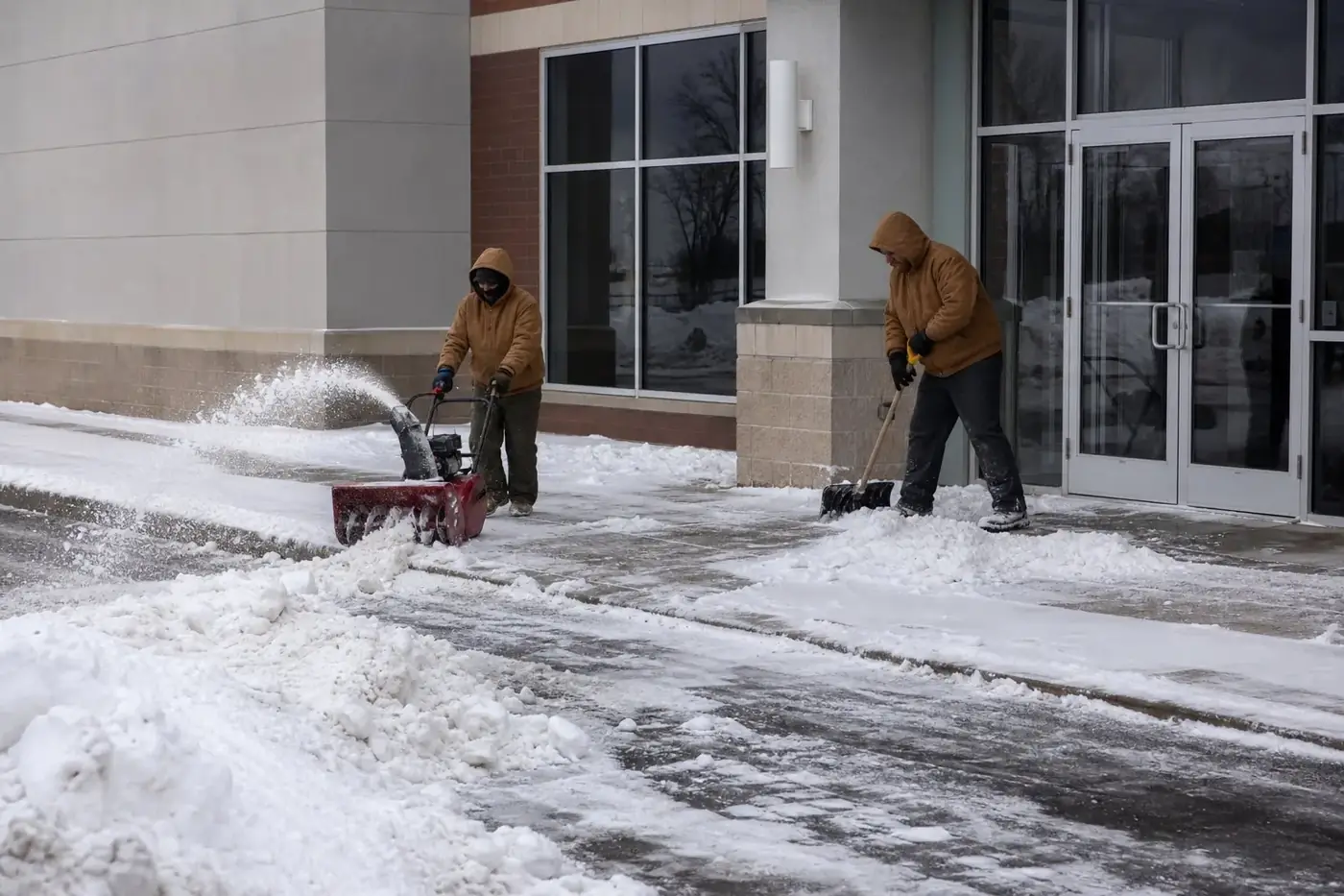 Commercial snow removal crew clearing a parking lot in Indianapolis, IN